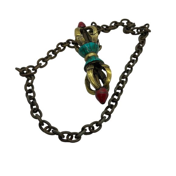 Tibetan Buddhism Dorje Phurpa Pestle Vajra Talismans FaQi Brass Red Turquoise - Picture 11 of 15